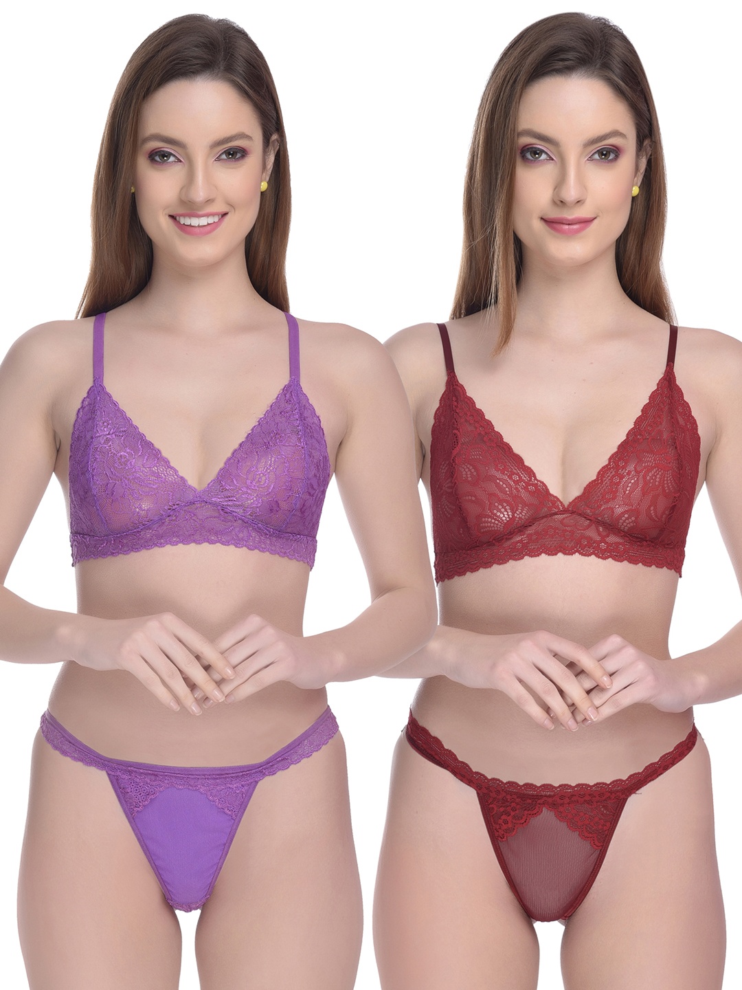 

Fihana Pack Of 2 Self Design Shoulder Strap Lingerie Set, Maroon