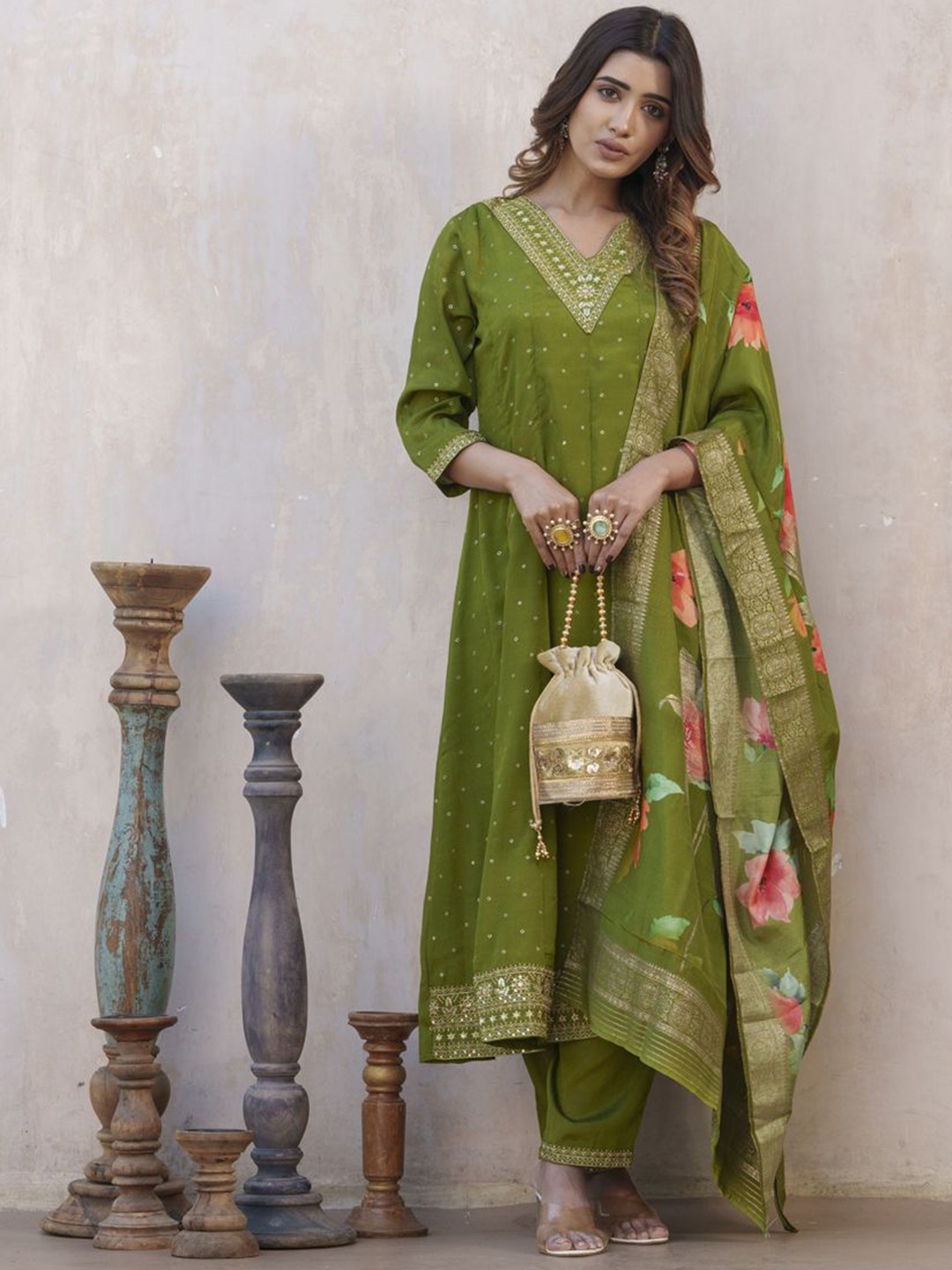 

Sangria Green Ethnic Motifs Embroidered Art Silk Straight Kurta With Trousers And Dupatta