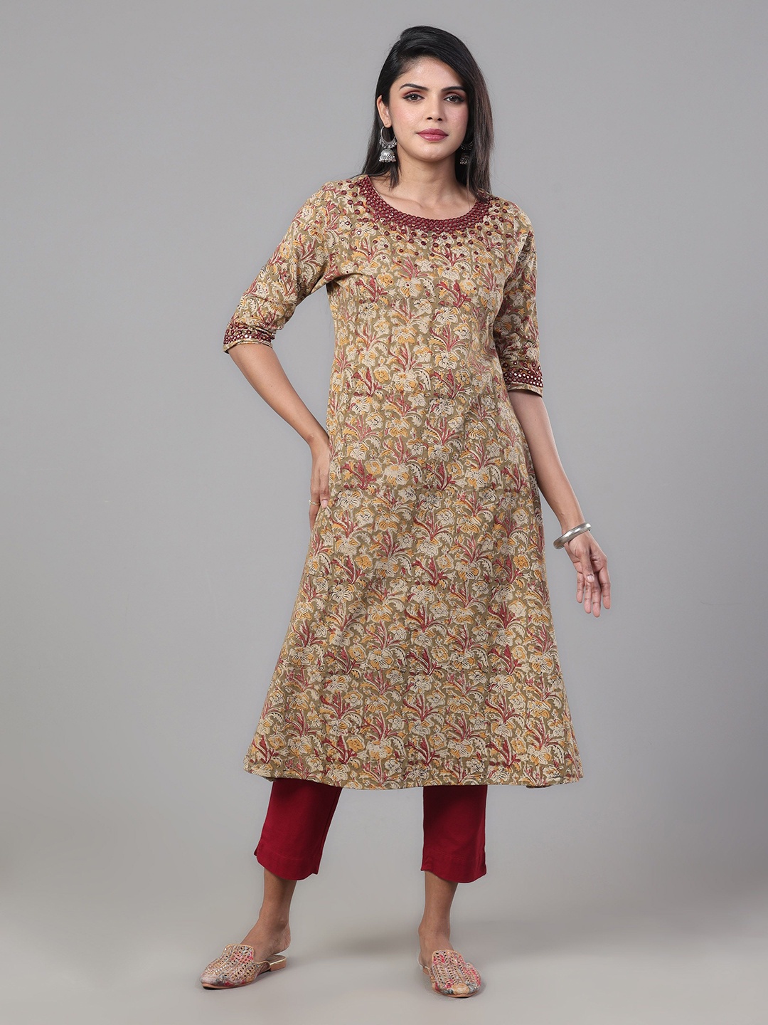 

Vismay Floral Printed Mirror Work Cotton A-Line Kurta, Olive
