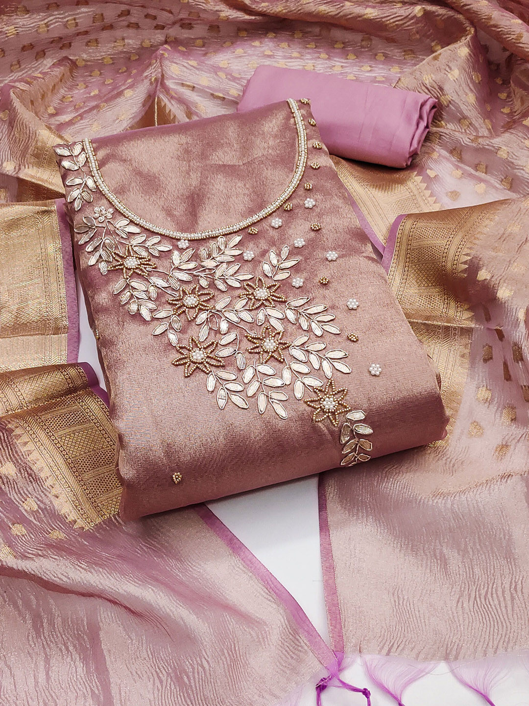 

HERE&NOW Floral Embroidered Gotta Patti Unstitched Dress Material, Purple