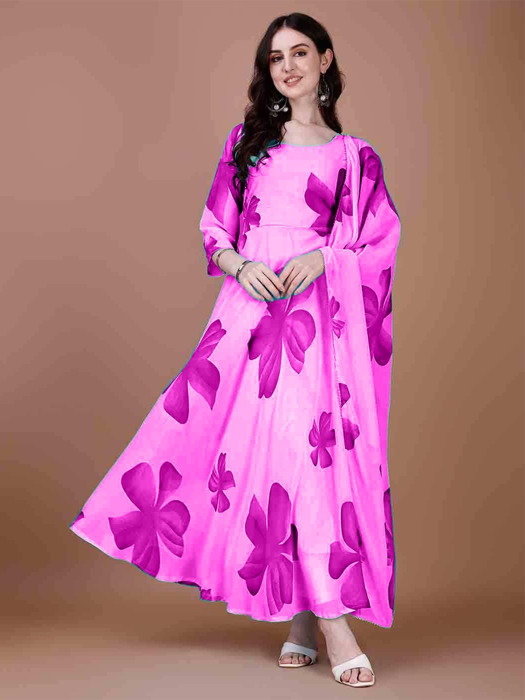 

Femvy Women Floral Printed Crepe Fit & Flare Maxi Dress, Pink
