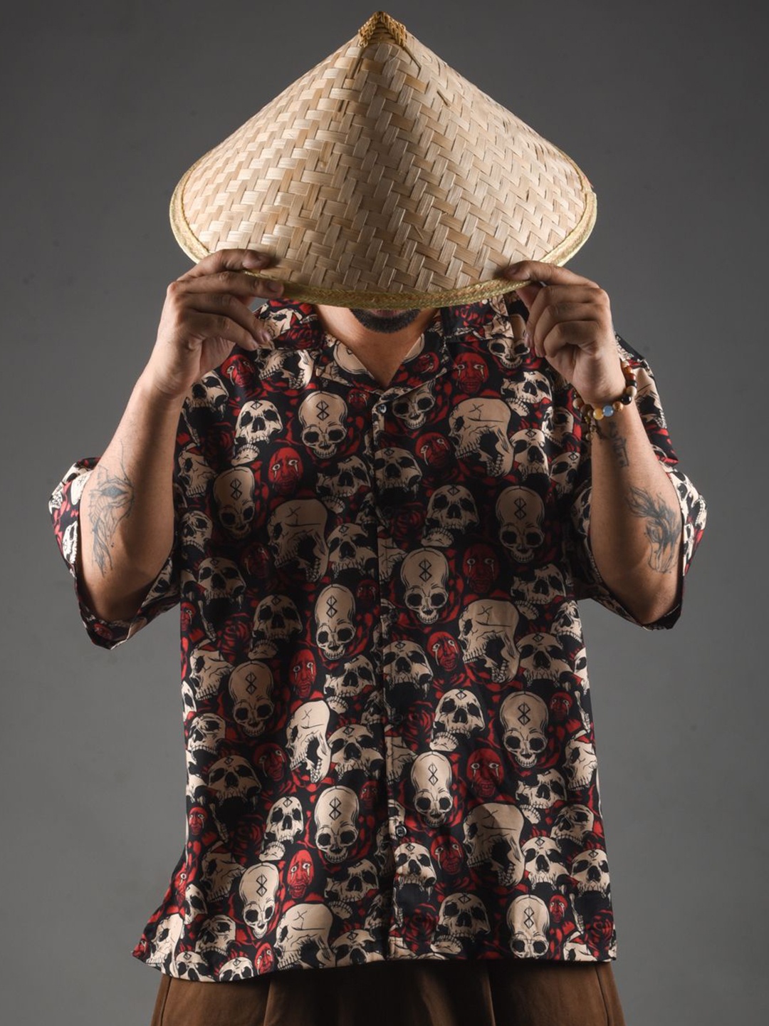 

Xenpachi Men Berserk Anime Eclipse Printed Oversize Drop Shoulder Hawaiian Shirt, Red