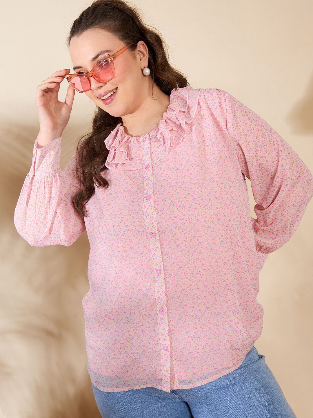 

SASSAFRAS Curve Women Collarless Floral Printed Casual Shirt, Pink