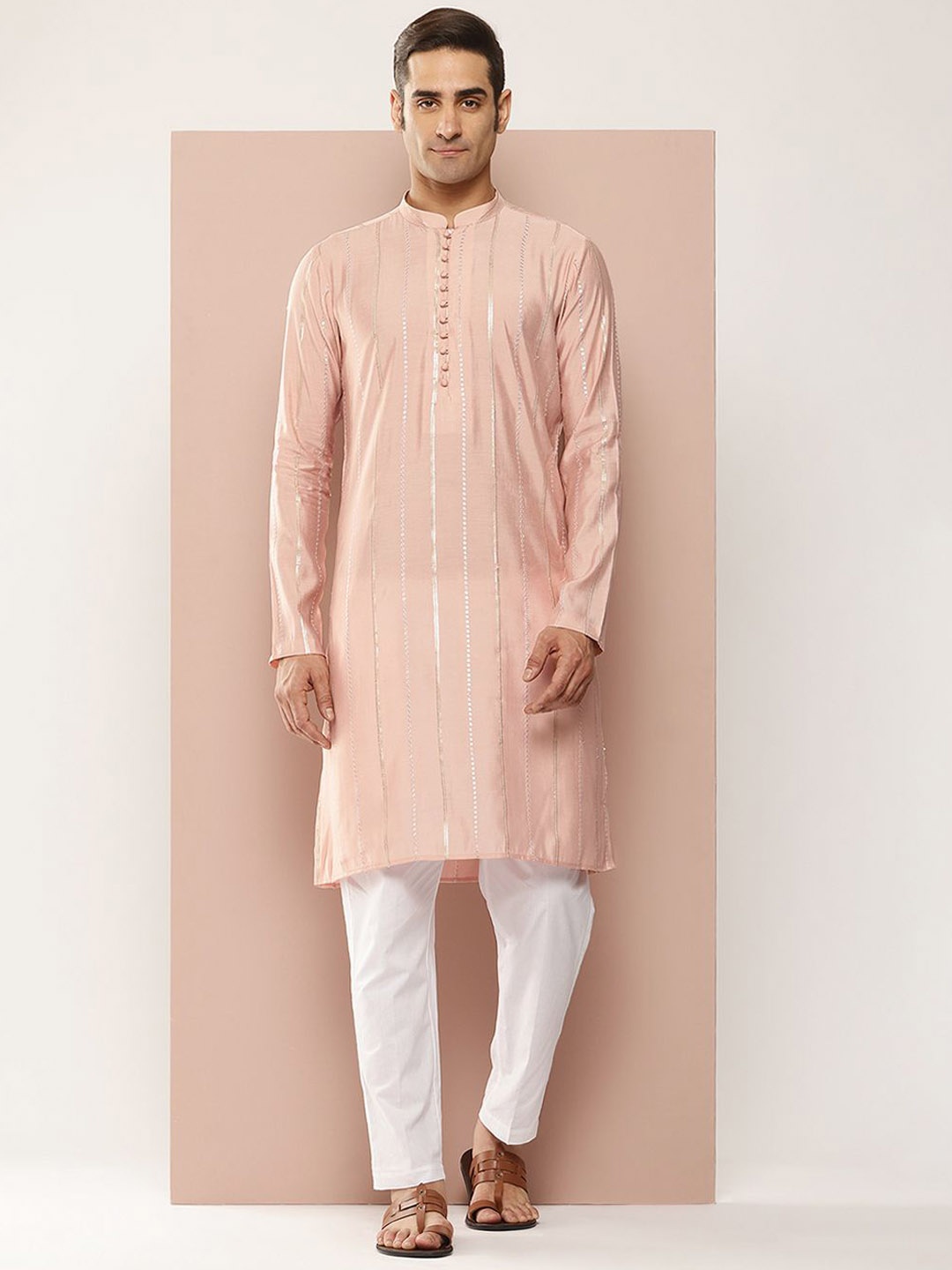 

See Designs Striped Embroidered Sequinned Mandarin Collar Chanderi Silk Straight Kurta, Pink