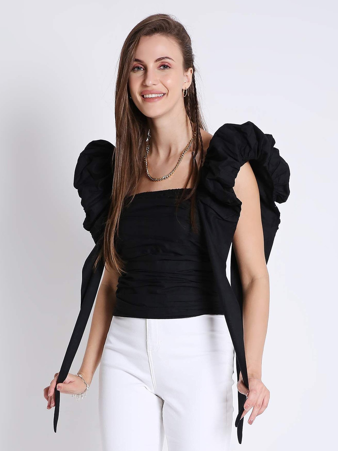 

French Theory Flutter Sleeve Cotton Crop Top, Black