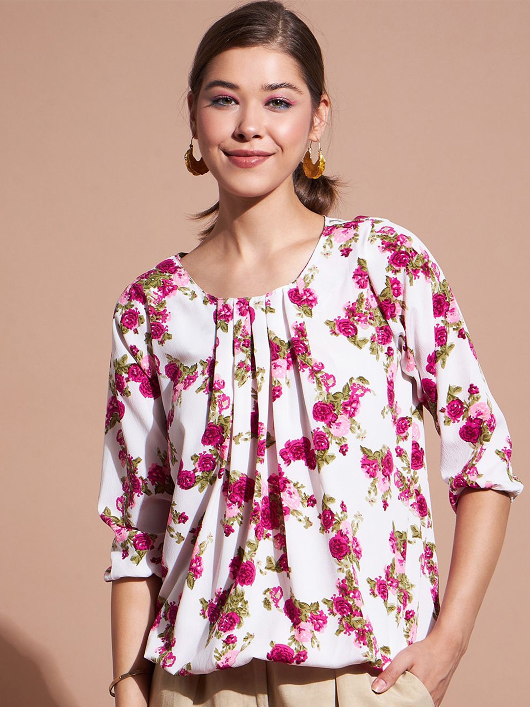 

DressBerry Floral Print Crepe Blouson Top, White