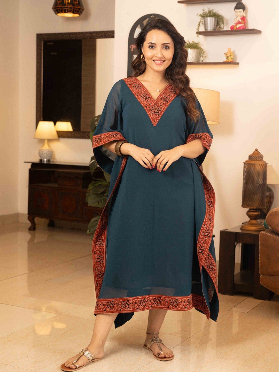 

Prasam Women Georgette Kaftan Dress with Ajrakh Trims, Teal