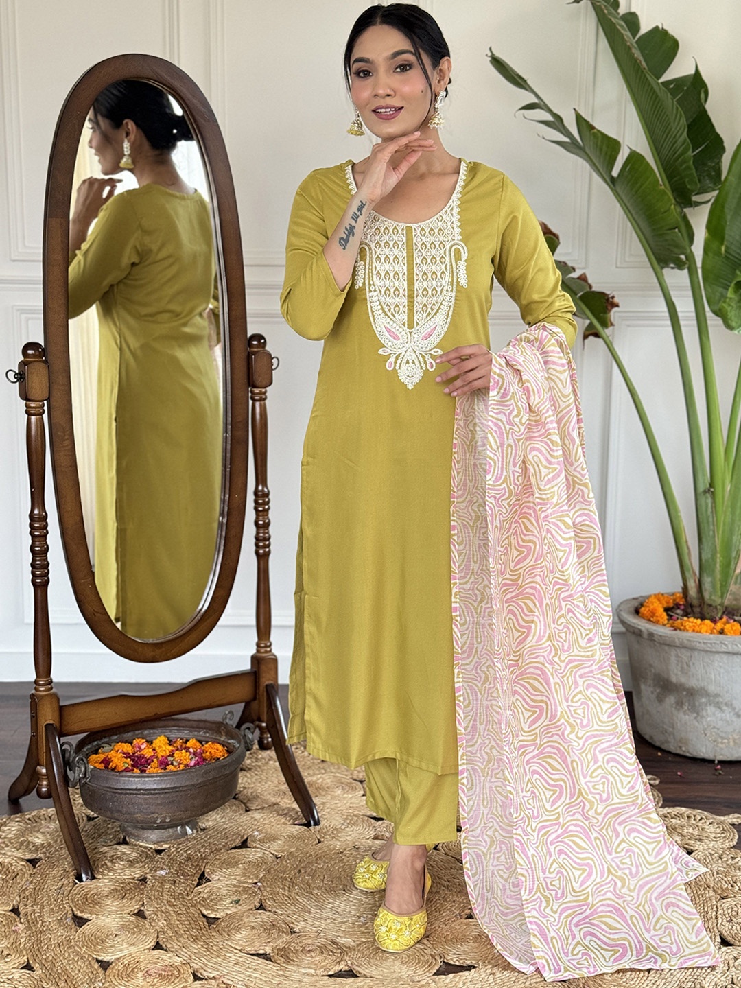 

Moda Rapido Floral Embroidered Round Neck Straight Kurta With Trousers And Dupatta, Fluorescent green