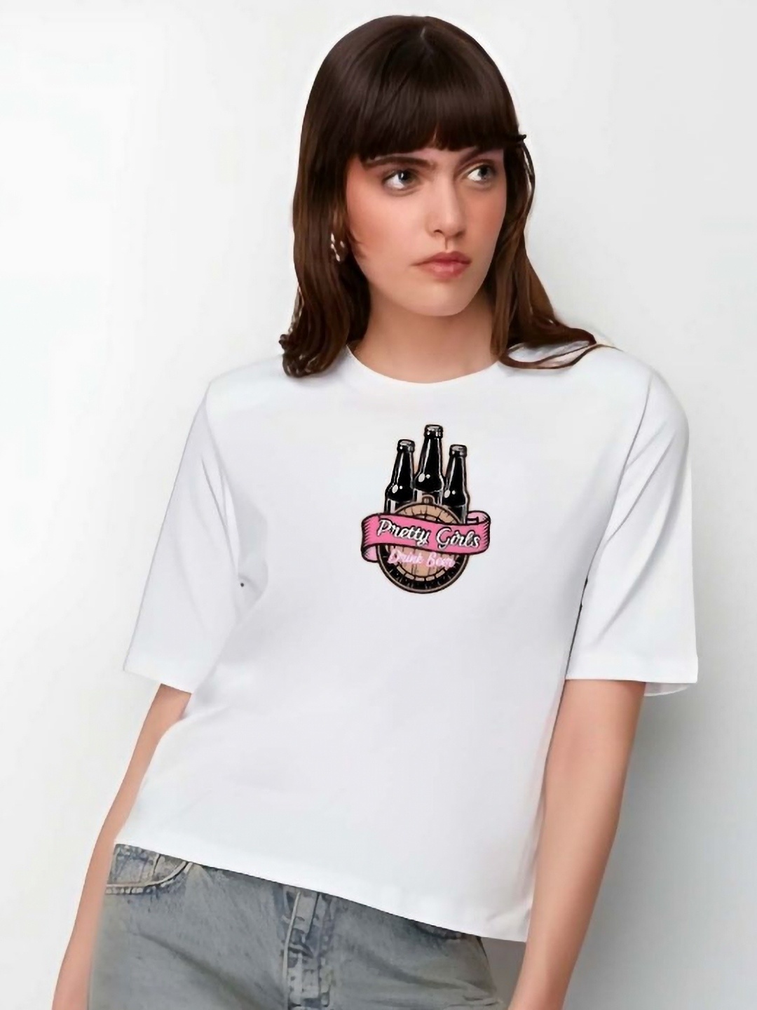 

DressBerry Women Graphic Printed Round Neck Cotton Boxy T-shirt, White