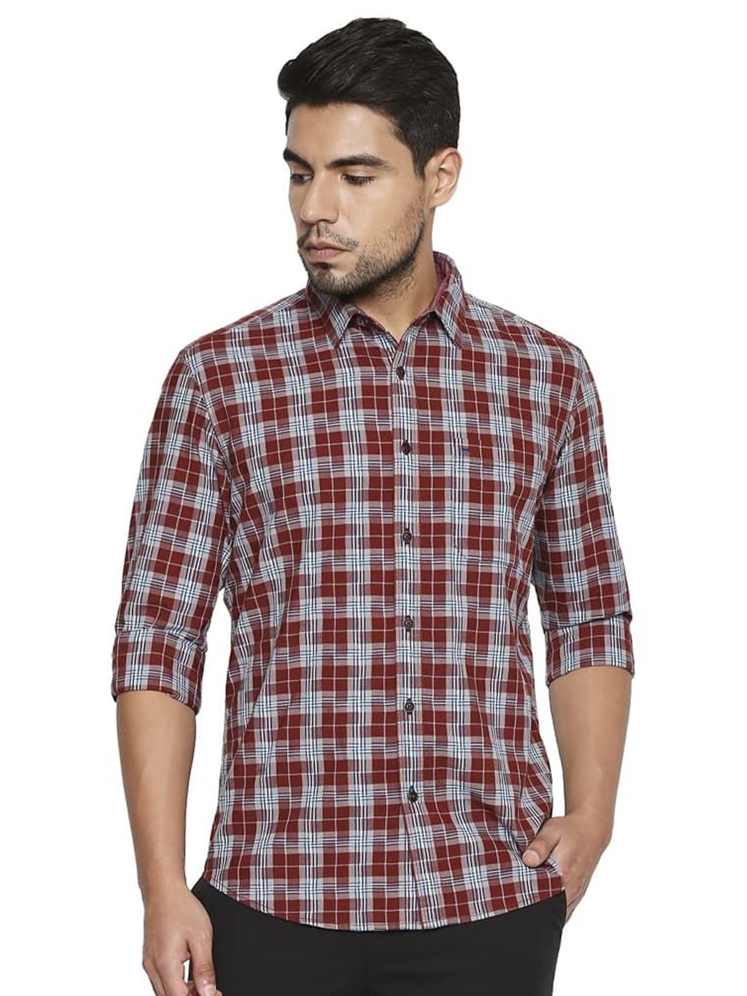 

Basics Men Relaxed Fit Spread Collar Tartan Checked Cotton Casual Shirt, Maroon