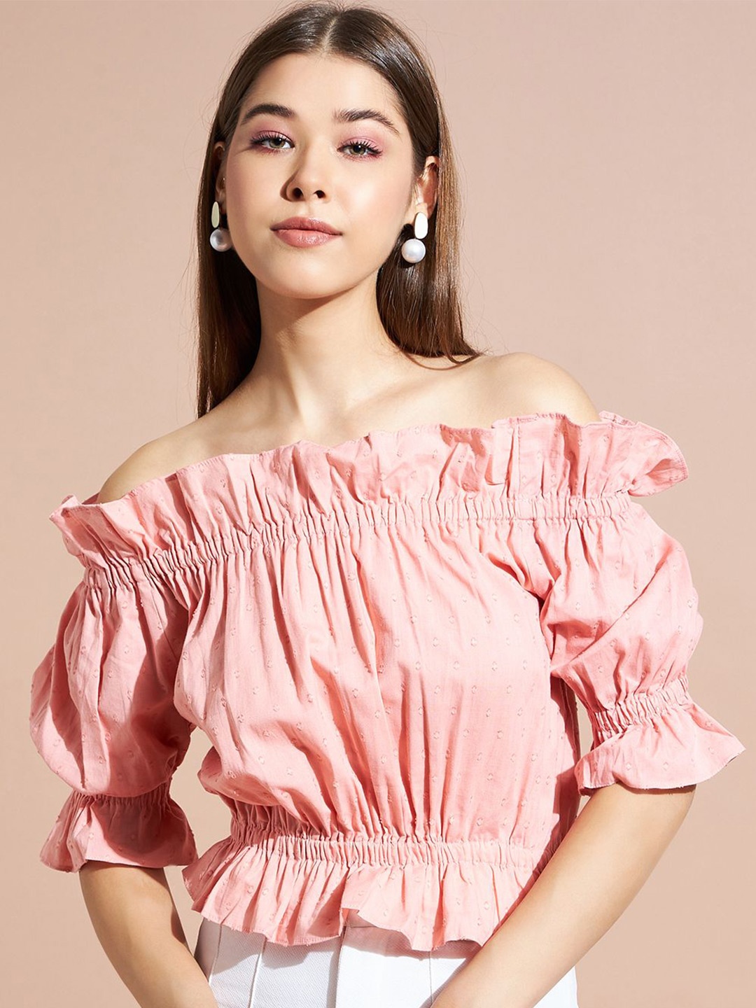 

DressBerry Off-Shoulder Puff Sleeve Bardot Crop Top, Pink