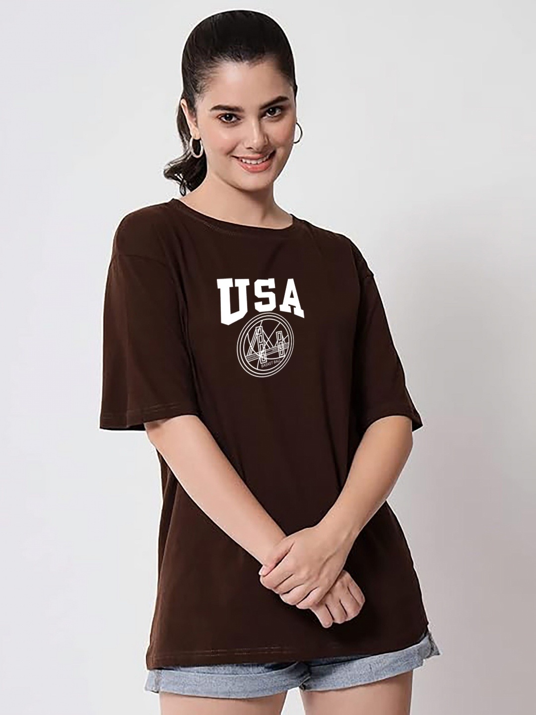 

My Swag Women Typography Printed Round Neck Cotton Oversized T-shirt, Brown