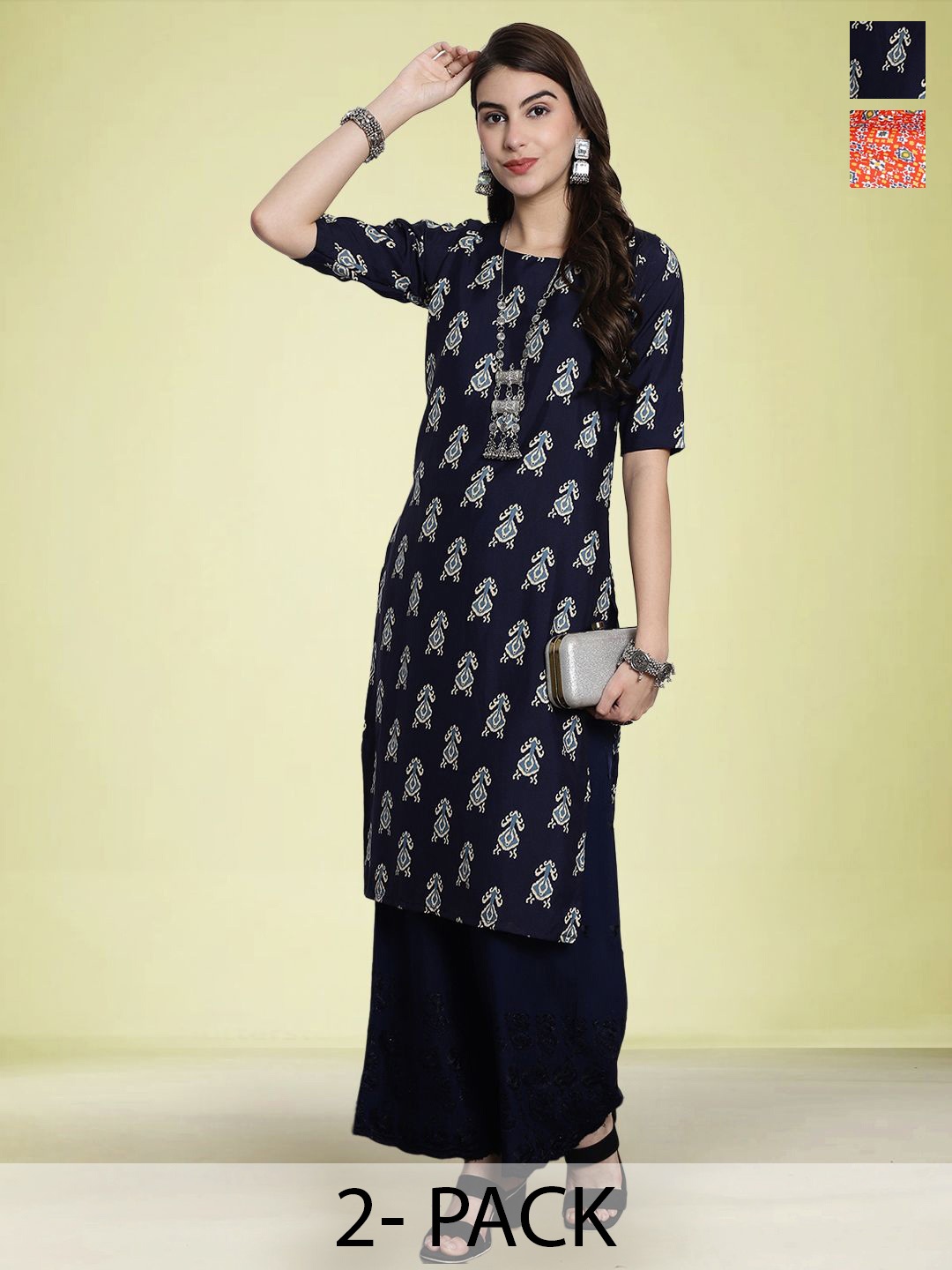 

Moda Rapido Set of 2 Printed Round Neck Straight Kurtas, Blue