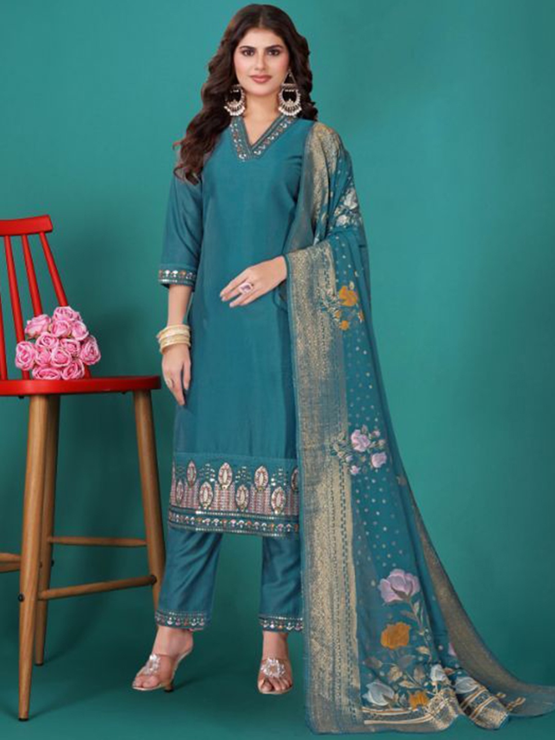 

PARROT CREATION Floral Yoke Design V-Neck Pure Silk Straight Kurta With Trouser & Dupatta, Turquoise blue