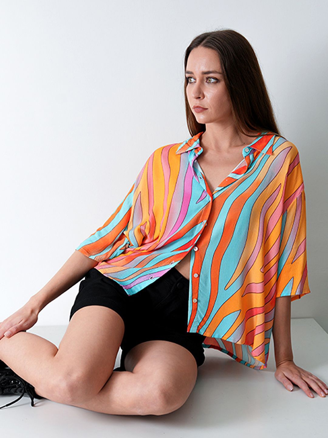 

ONLY Women Oversized Fit Spread Collar Abstract Printed Casual Shirt, Orange
