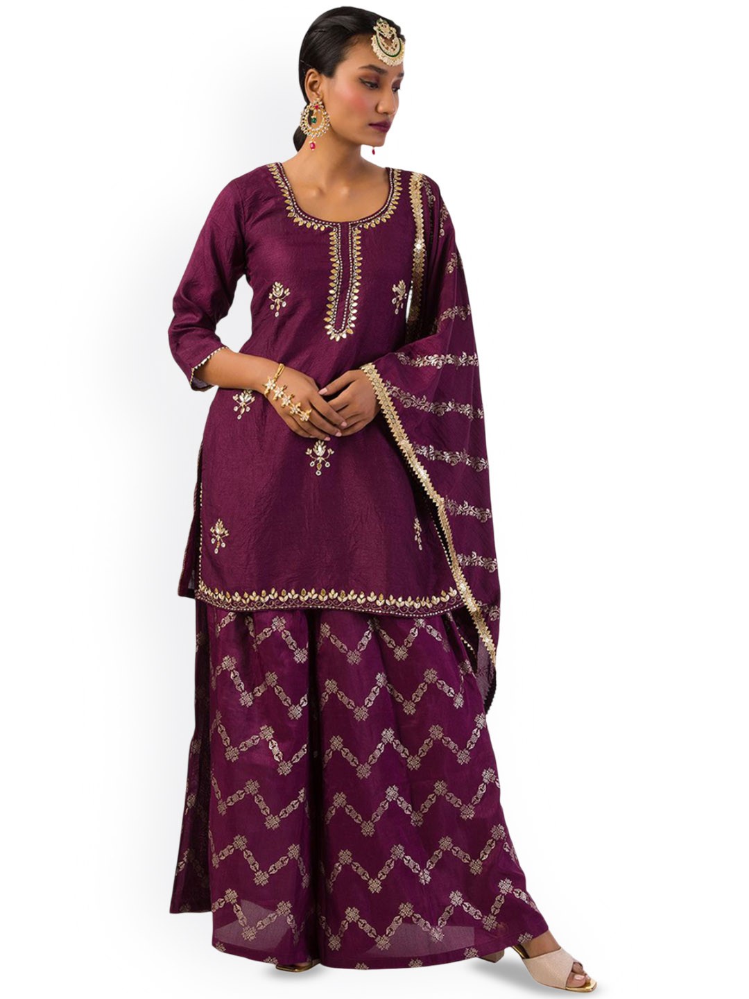 

Mystake By Meghna Shah Embroidered Dupion Silk Straight Kurta With Palazzos & Dupatta, Purple
