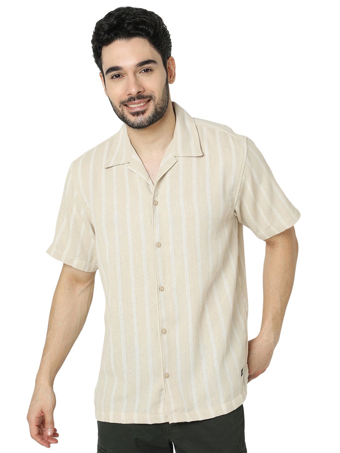 

SPYKAR Men Slim Fit Cuban Collar Vertical Striped Cotton Casual Shirt, Beige
