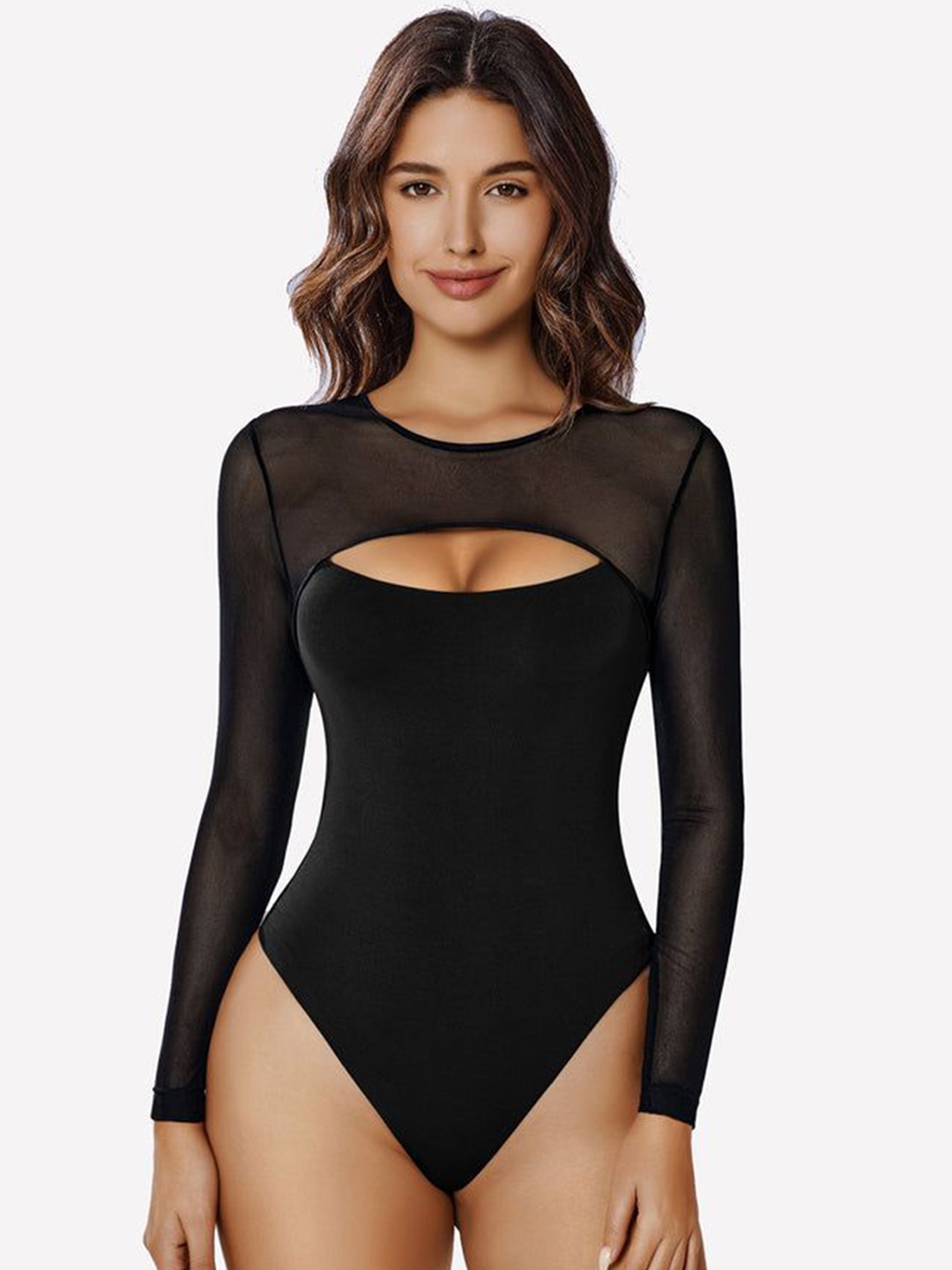 

Beera Women Round Neck Sheer Bodysuit, Black