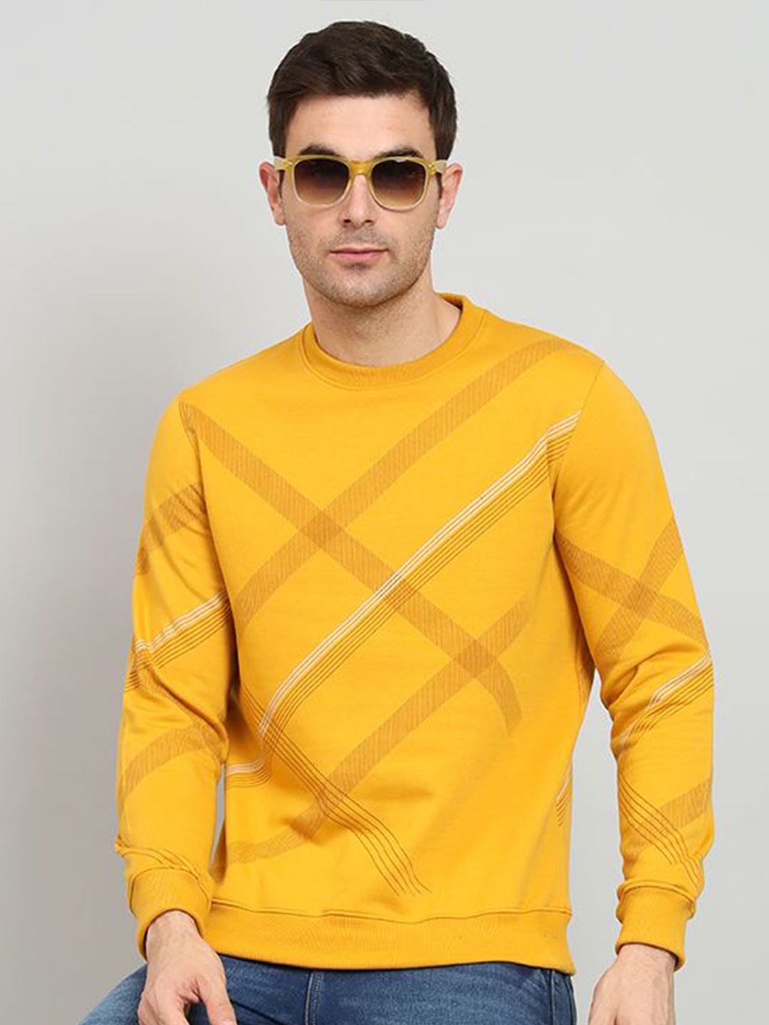 

OGEN Men Striped Round Neck Pullover Sweatshirt, Mustard