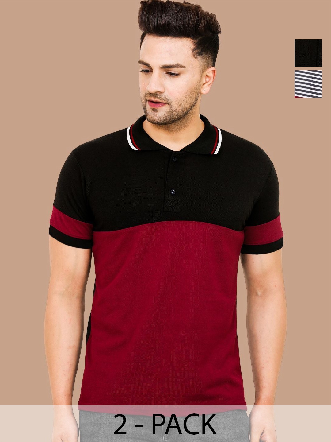 

Leotude Men Pack Of 2 Colourblocked Polo Collar Cotton T-shirts, Red