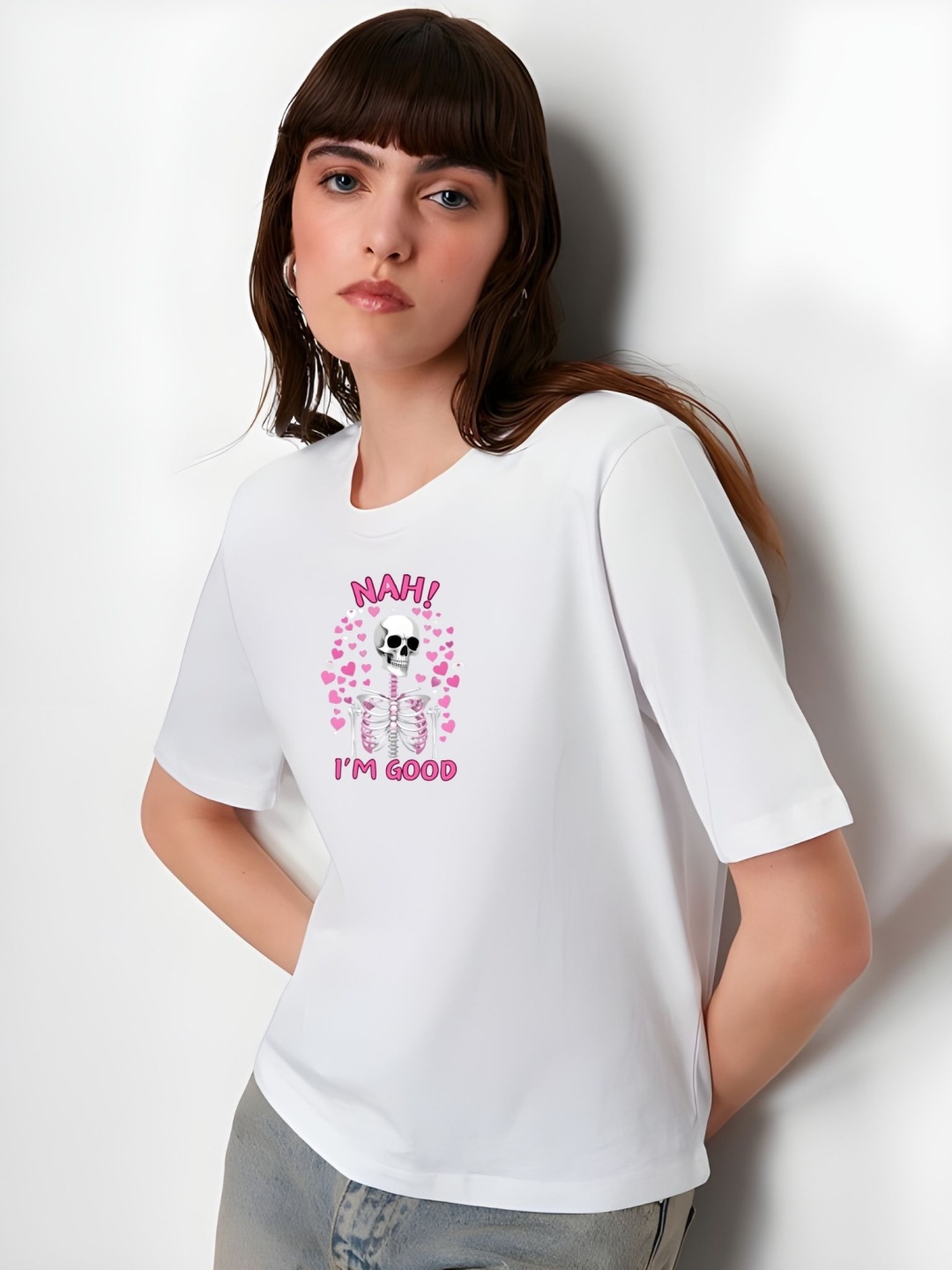 

TRENDSATTIRE Women Graphic Printed Round Neck Cotton T-shirt, White