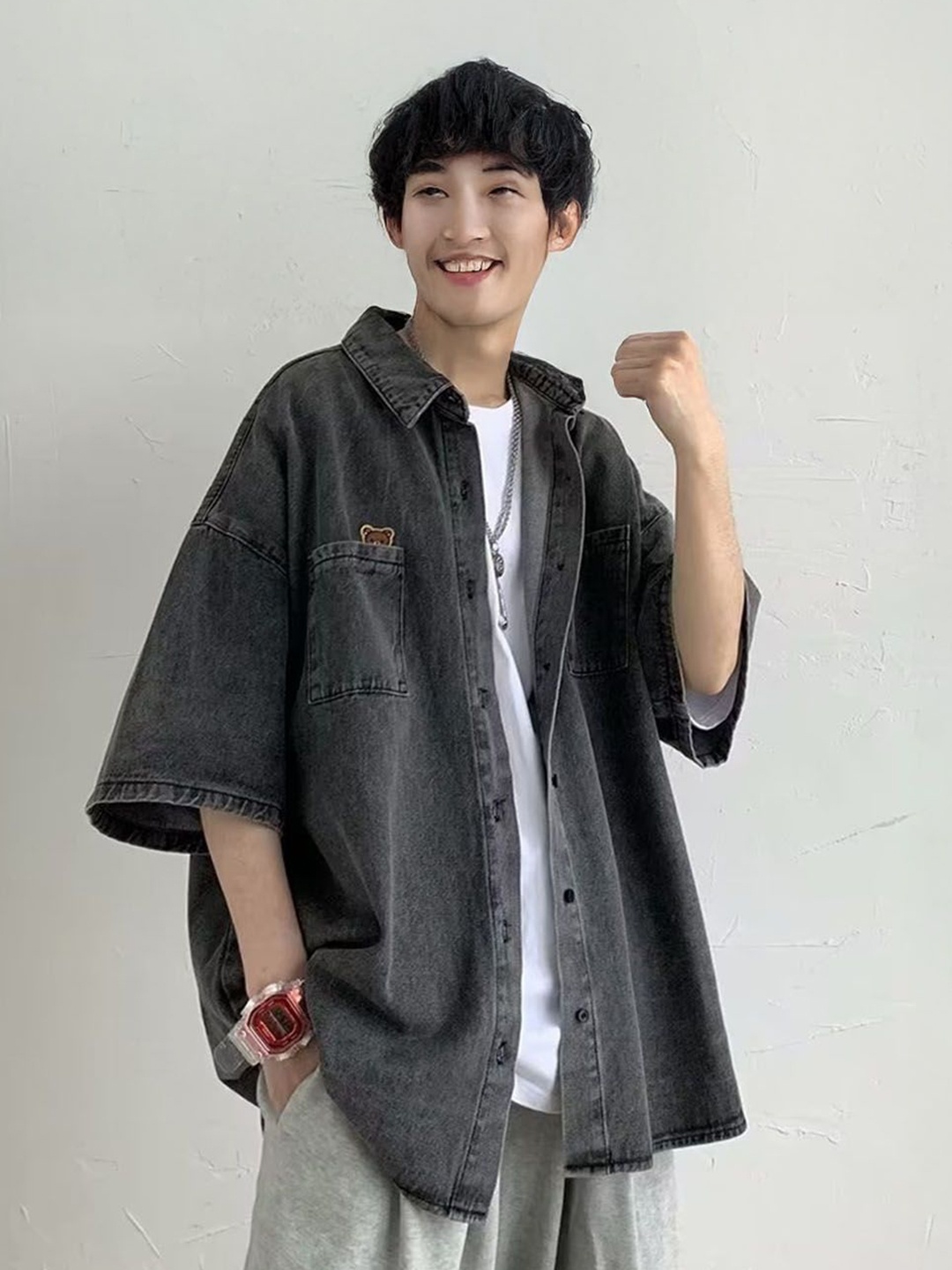 

StyleCast Men Oversized Fit Spread Collar Faded Casual Shirt, Grey