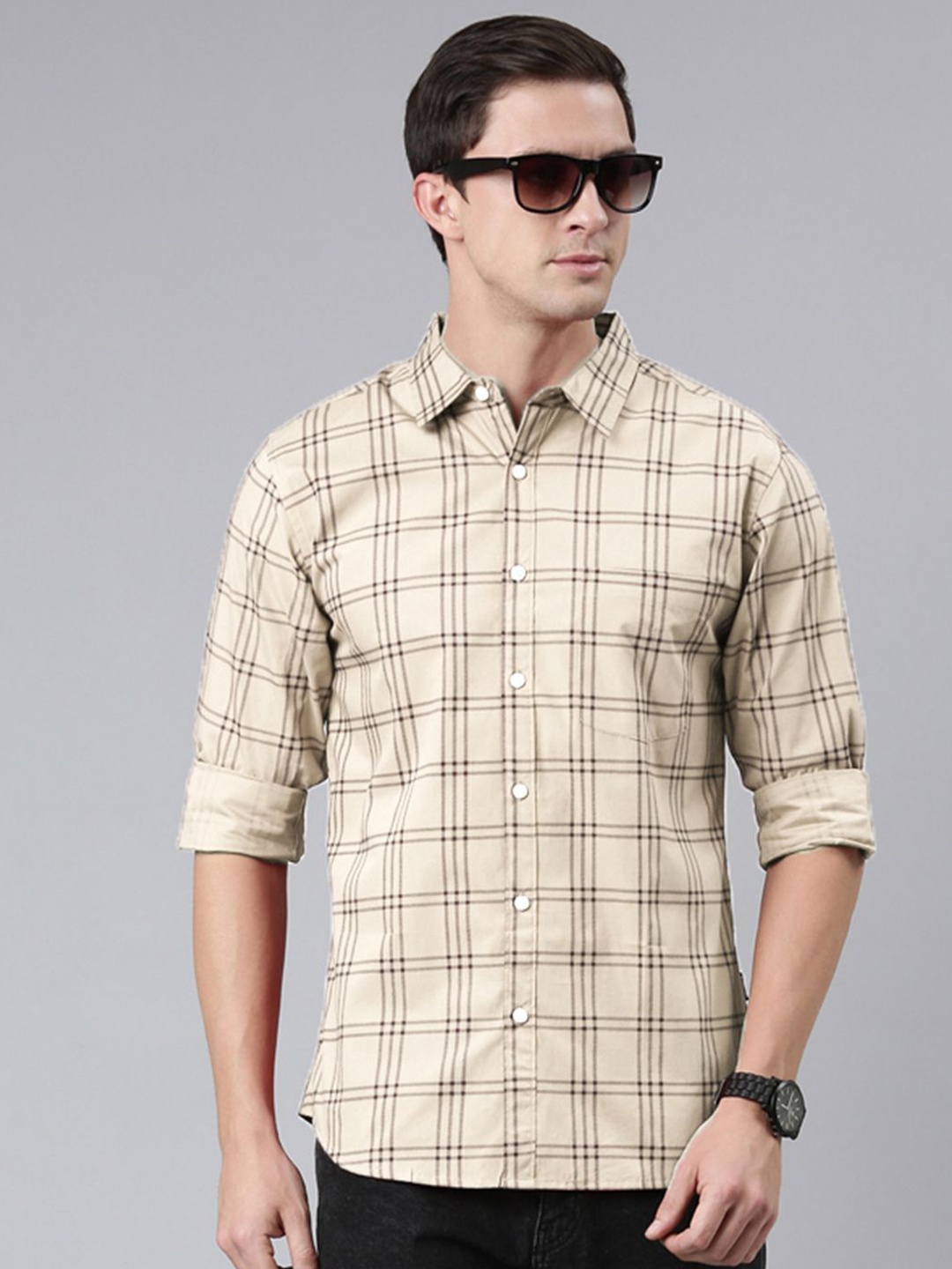 

Provogue Men Spread Collar Checked Cotton Casual Shirt, Beige