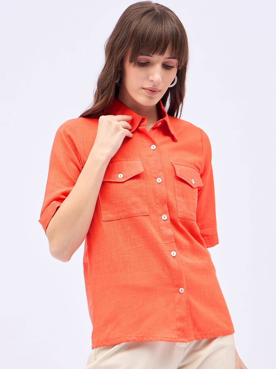 

DressBerry Women Classic Fit Spread Collar Solid Cotton Casual Shirt, Orange