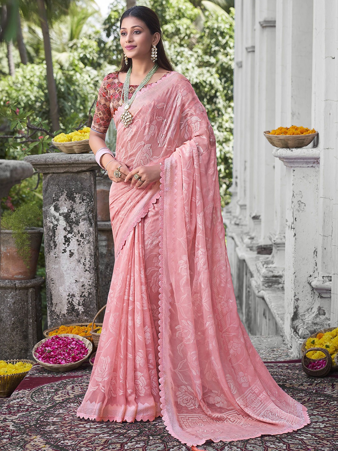 

A.V.M. SILK MILLS Woven Design Beads and Stones Pure Georgette Saree, Pink
