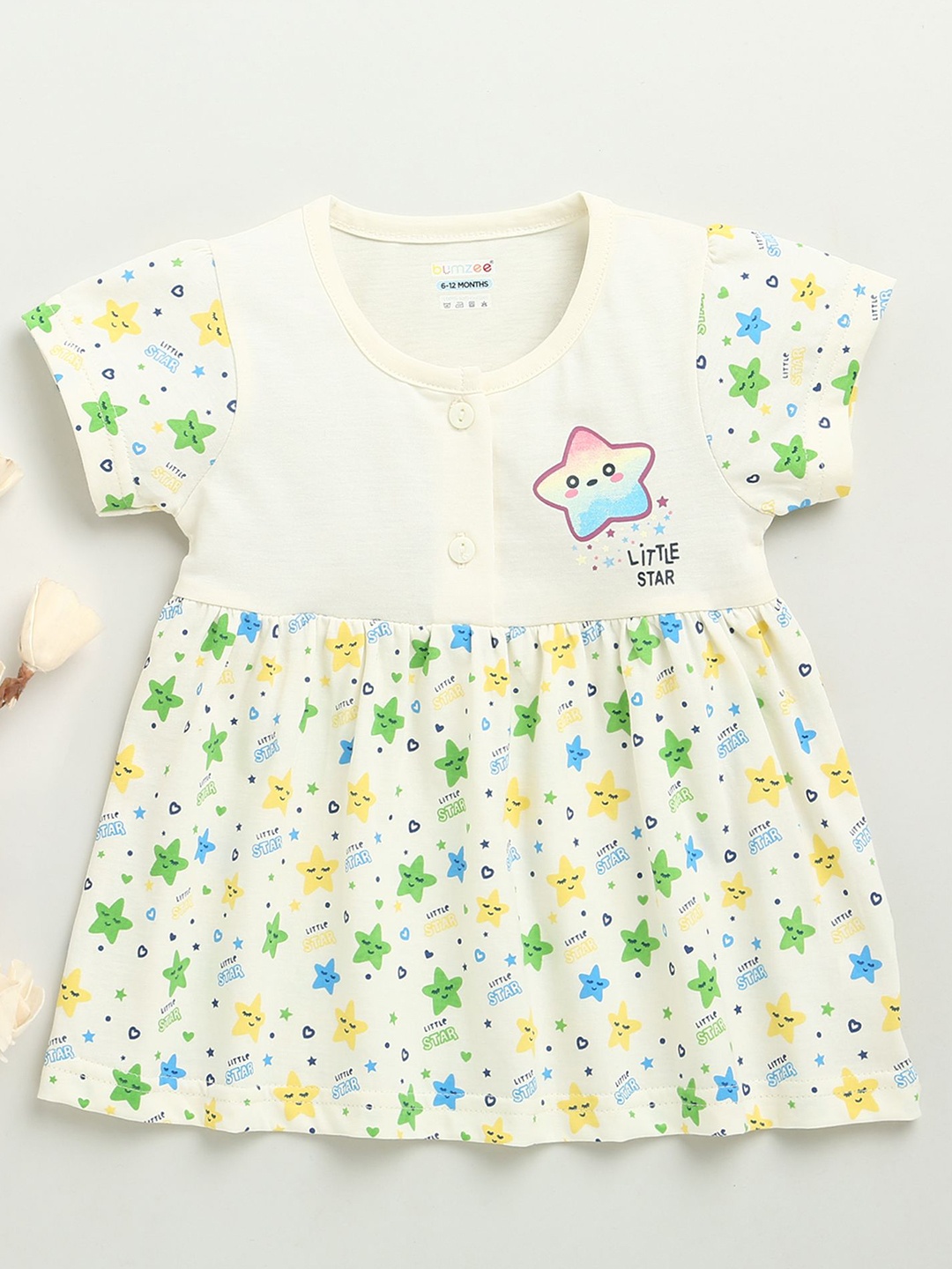 

BUMZEE Girls Printed Fit and Flare Dress, Cream