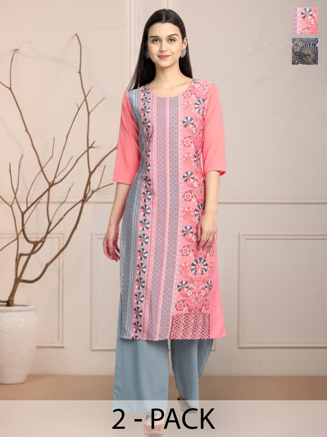 

Moda Rapido Pack of 2 Printed Round Neck Straight Kurtas, Pink