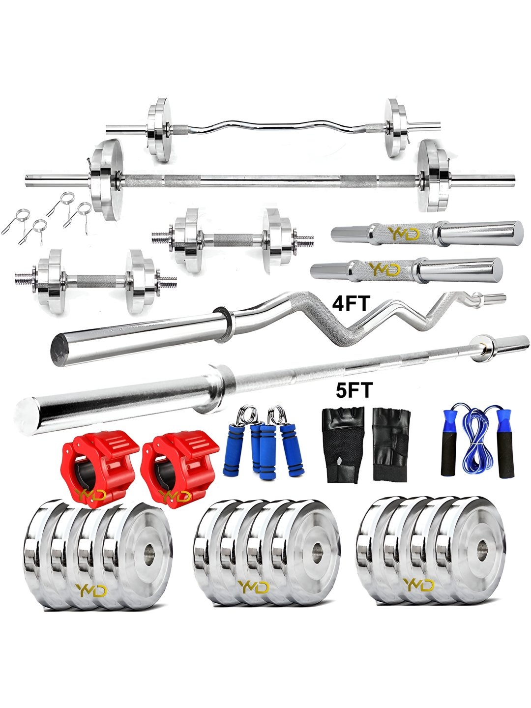 

YMD Set Of 28 Curl & Straight Rods With Rods & Clamps With Accessories Home Gym Combo, Silver