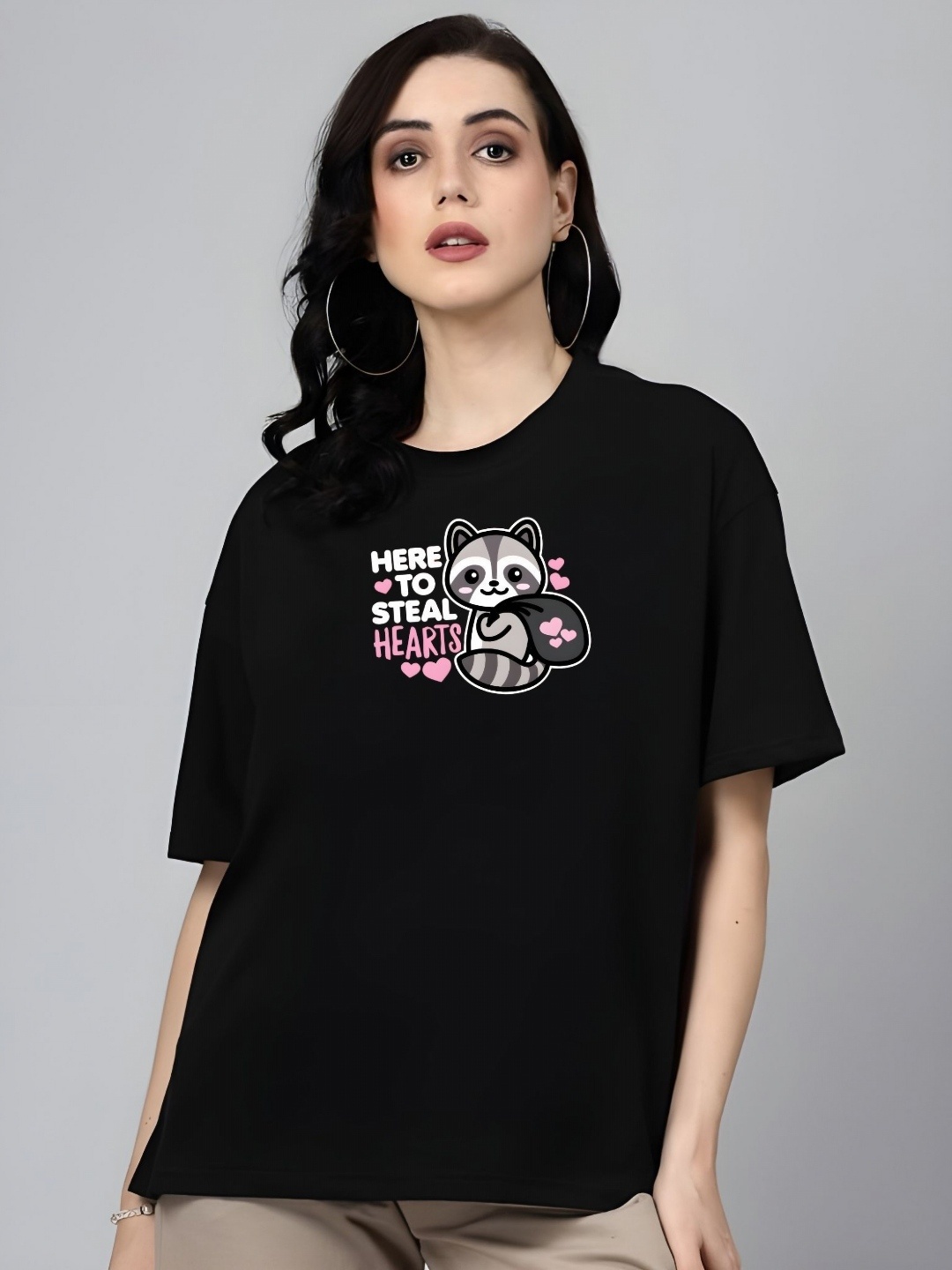 

DressBerry Women Graphic Printed Round Neck Cotton Oversized T-shirt, Black