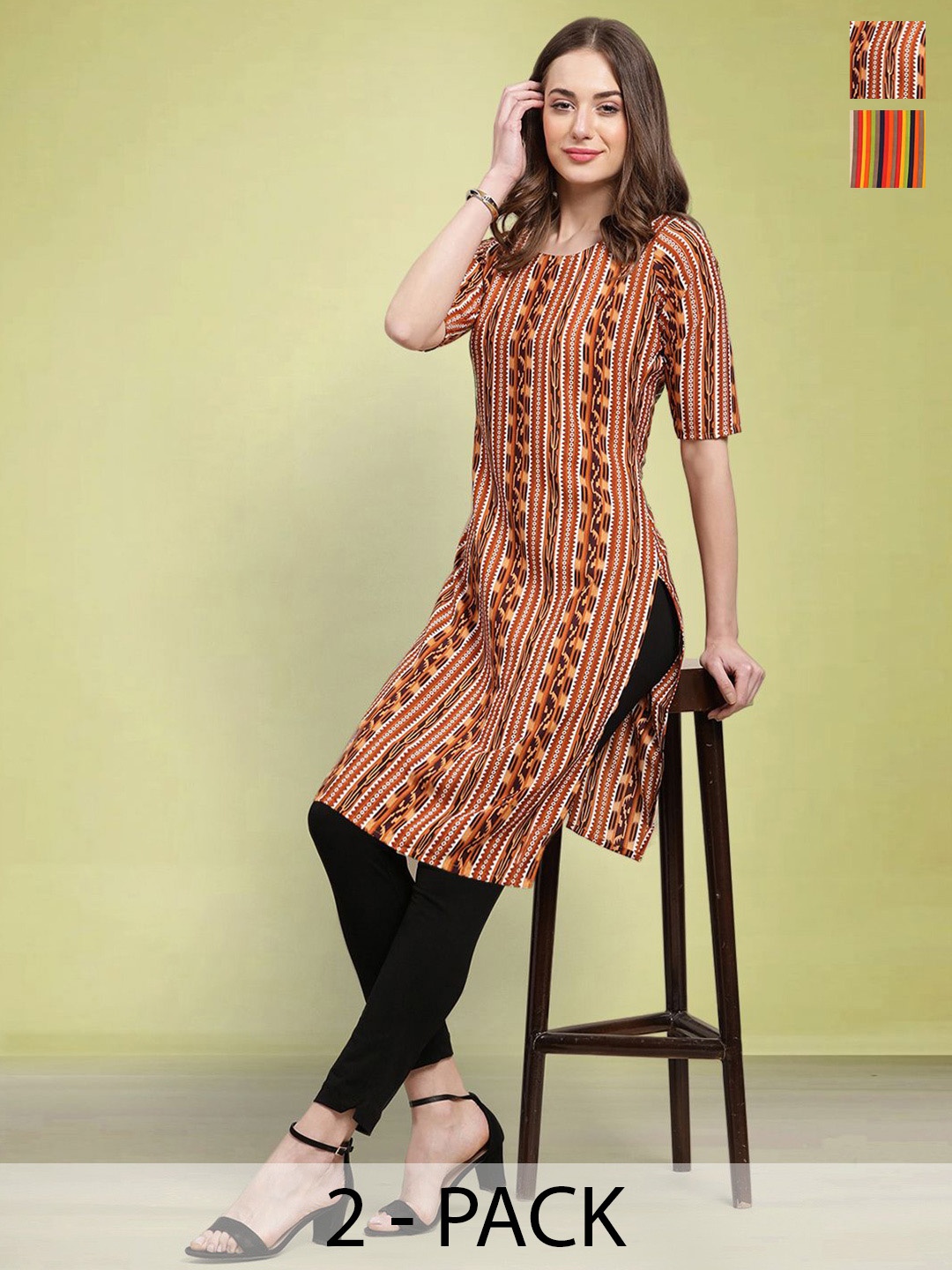 

Moda Rapido Pack of 2 Printed Round Neck Straight Kurtas, Multi