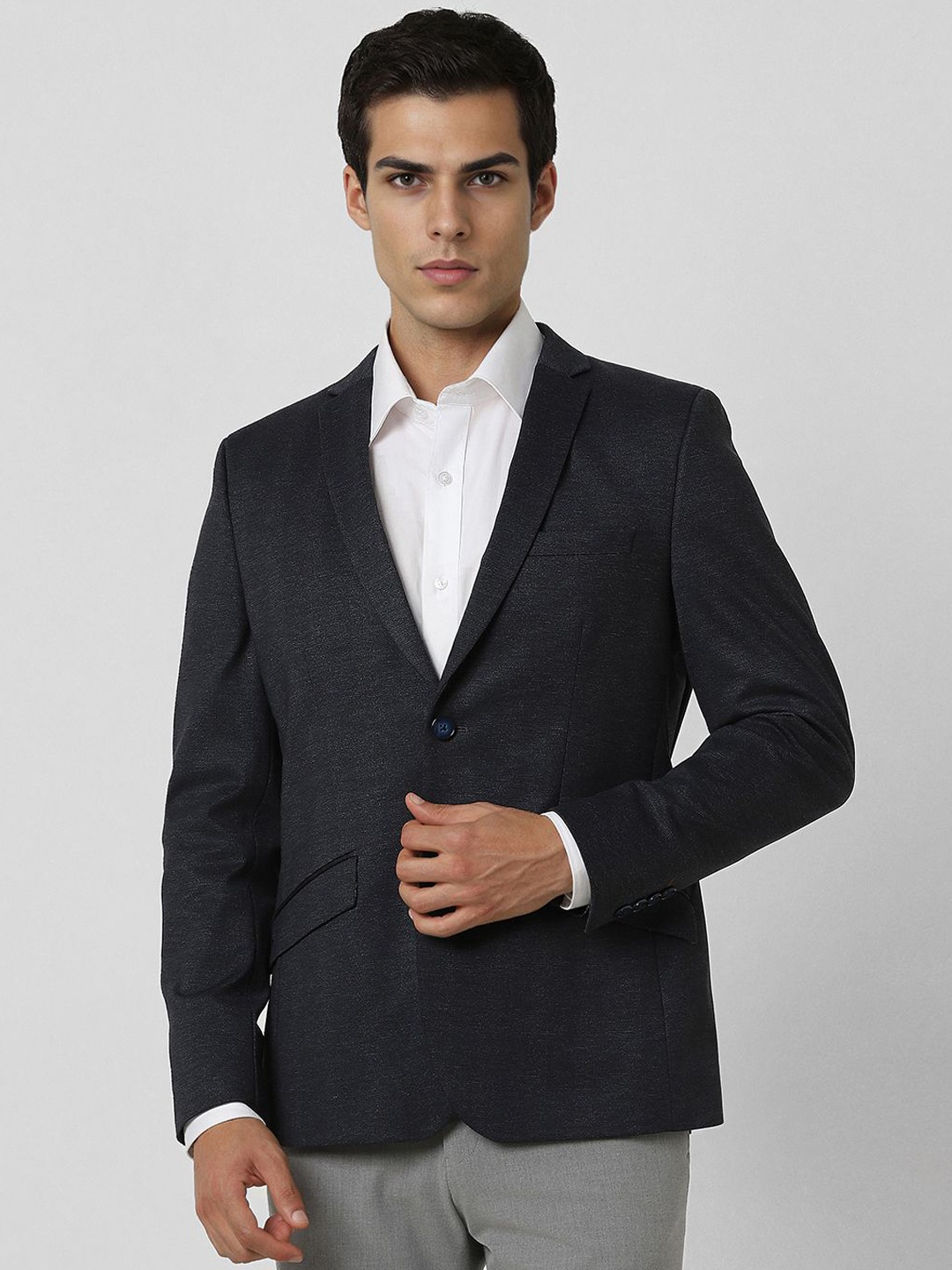 

V Dot Notched Lapel Slim-Fit Single Breasted Formal Blazer, Charcoal