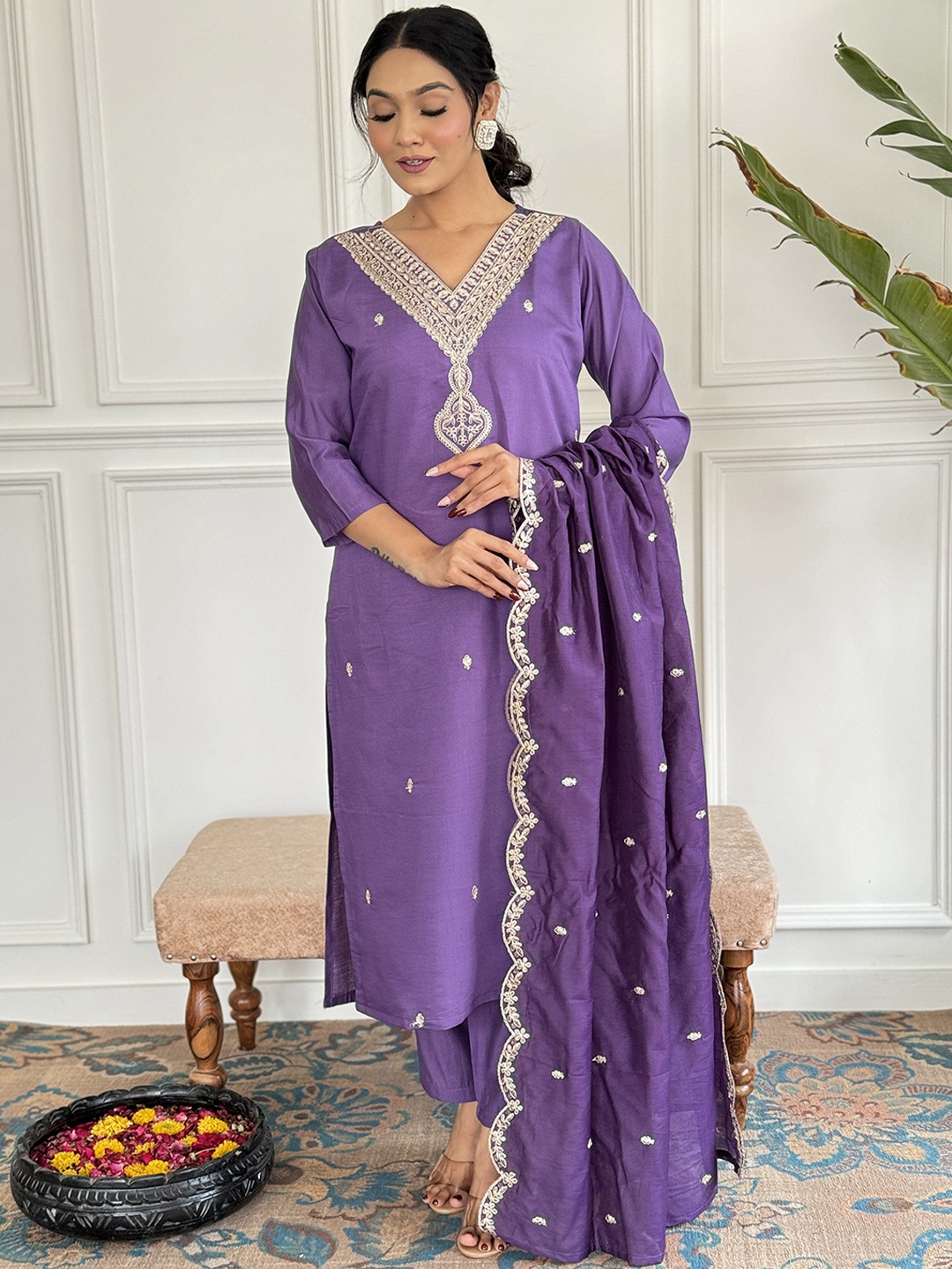 

Moda Rapido Floral Embroidered V-Neck Straight Kurta With Trouser And Dupatta, Lavender