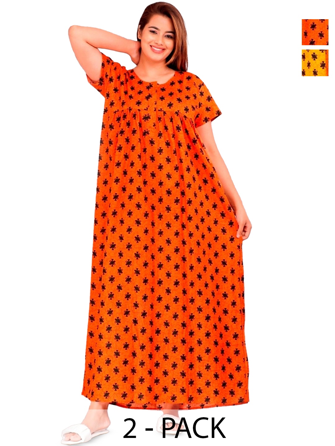 

PR PINK ROYAL Women Pack of 2 Printed Pure Cotton Maxi Nightdress, Orange