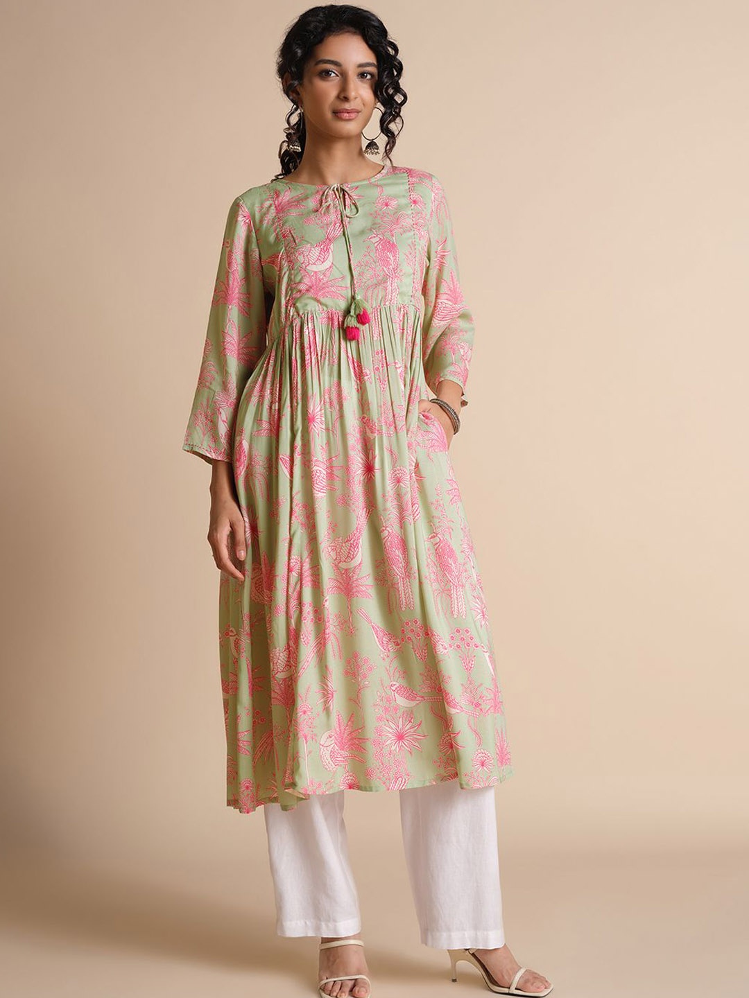 

Global Desi Floral Printed Tie-Up Neck Pure Cotton Pleated A-Line Kurta, Green
