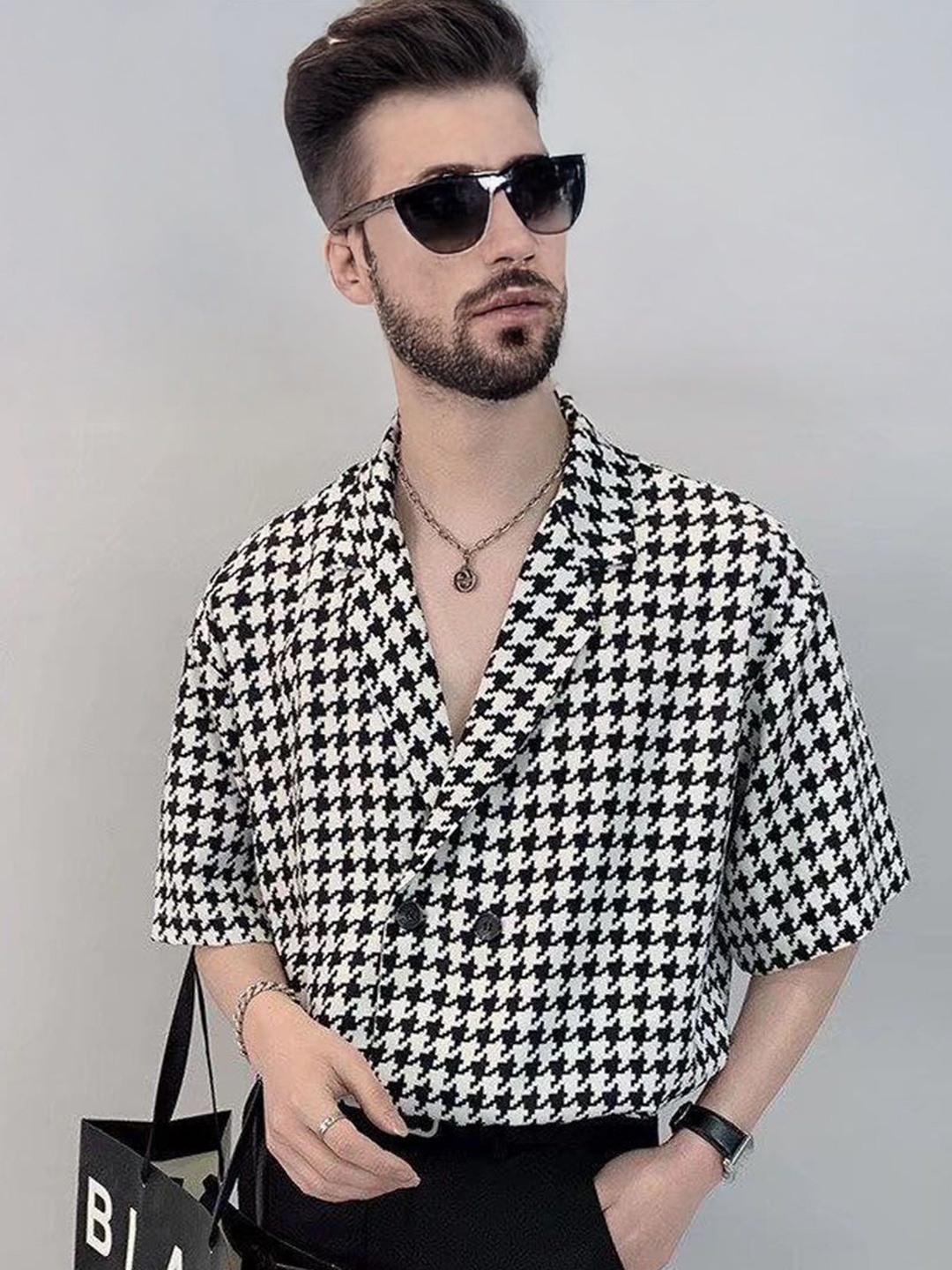

StyleCast Men Cuban Collar Checked Casual Shirt, White