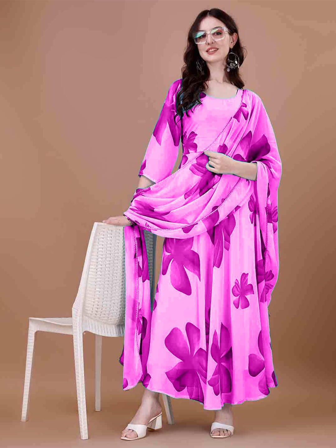 

Femvy Floral Print Crepe Fit & Flare Maxi Dress, Pink