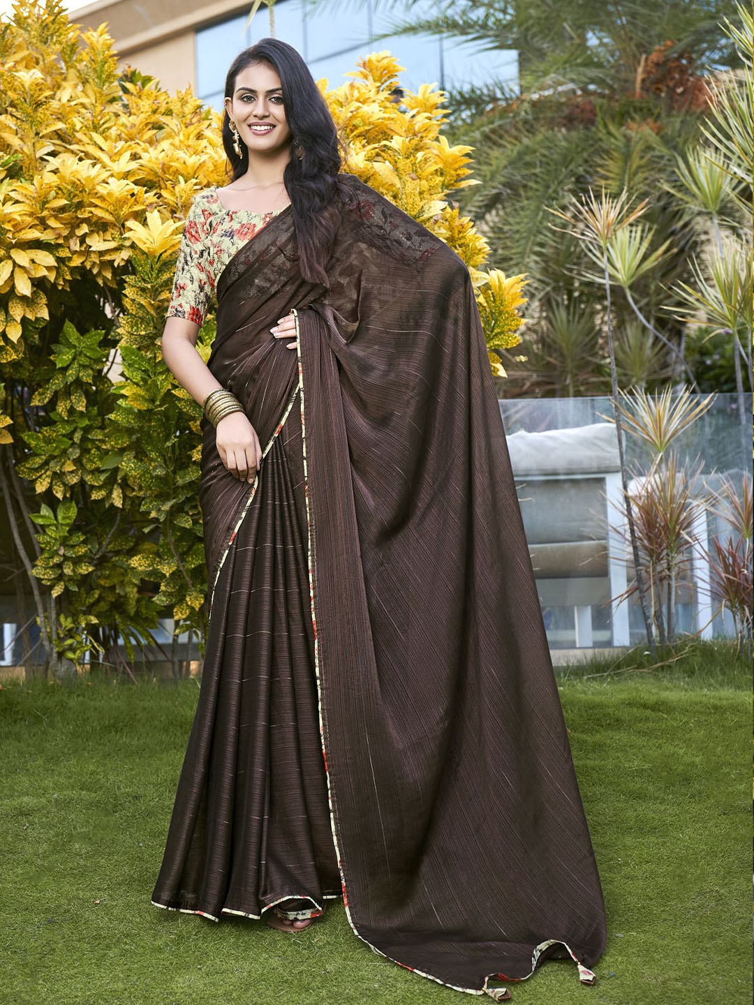 

A.V.M. SILK MILLS Striped Pure Chiffon Saree, Brown