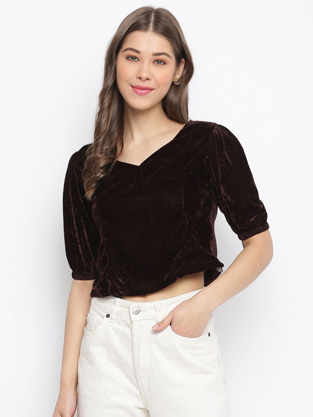 

DressBerry Women Solid V-Neck Top, Coffee brown