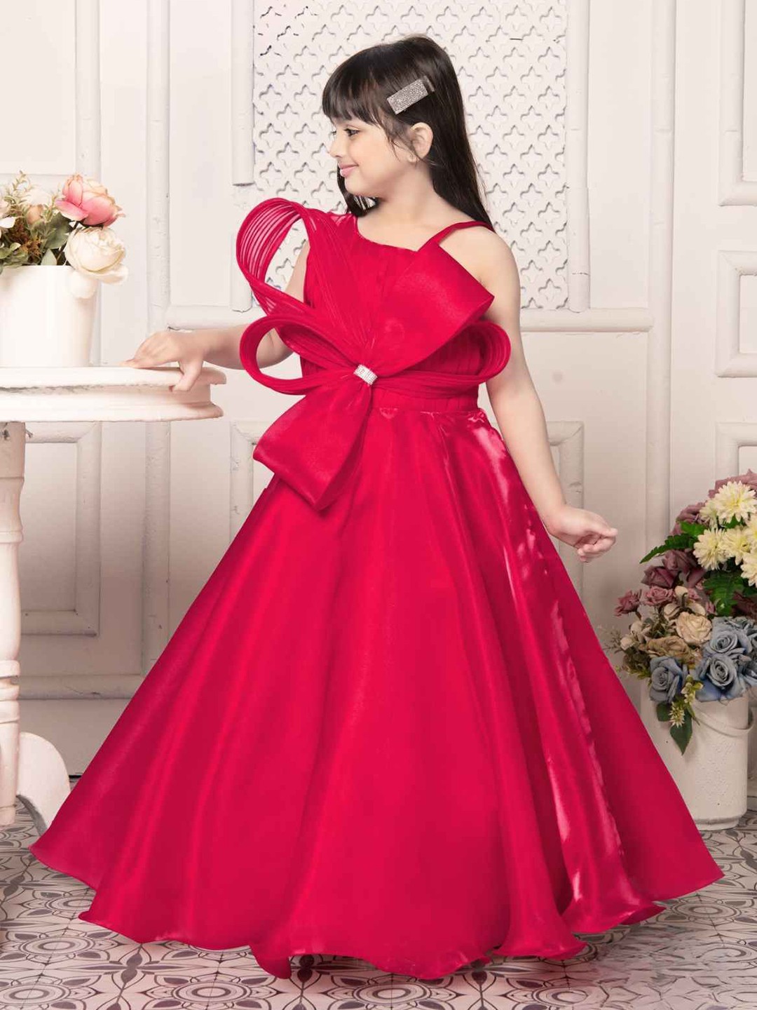 

Lagorii Girls Bow Embellished With Stone Work Gown - Cherry Red