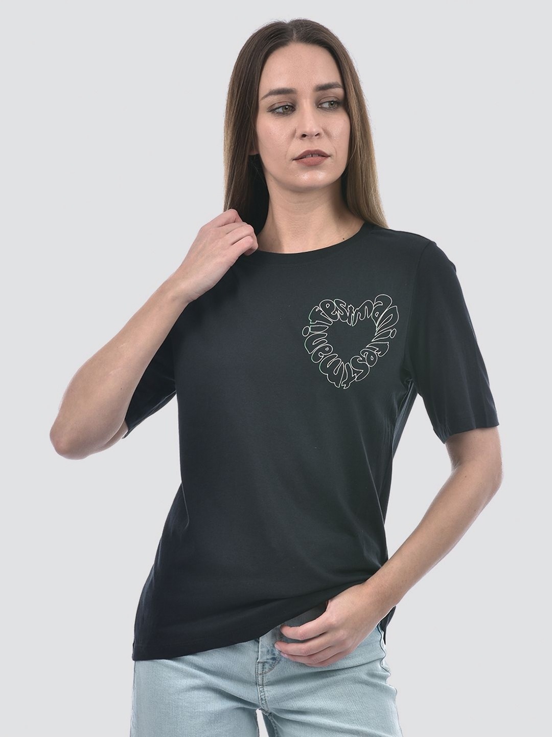 

ONLY Women Typography Printed Round Neck Cotton Oversized T-shirt, Charcoal