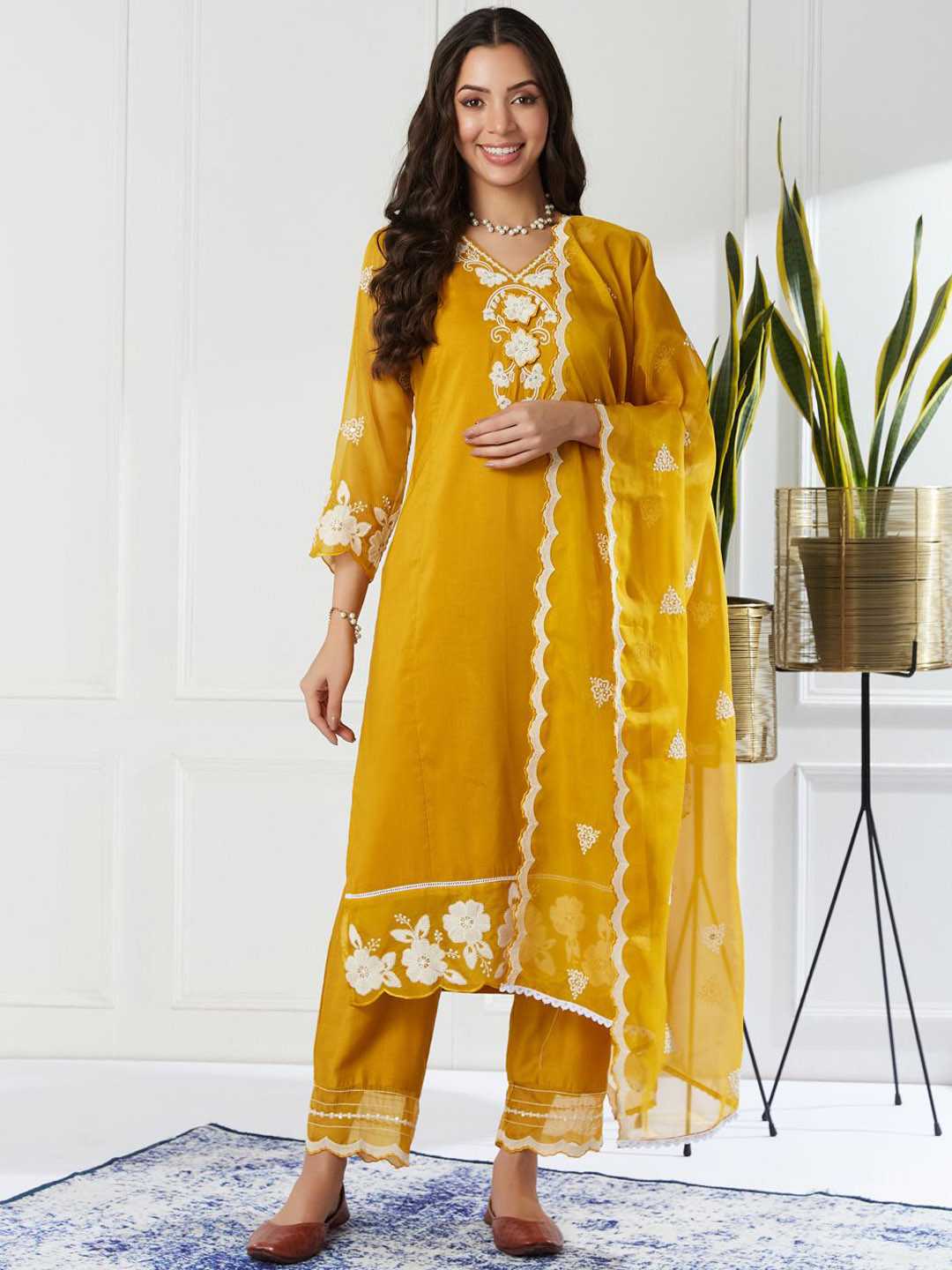 

MOKOSH Floral Yoke Design V-Neck Thread Work Muslin Straight Kurta With Trousers & Dupatta, Mustard