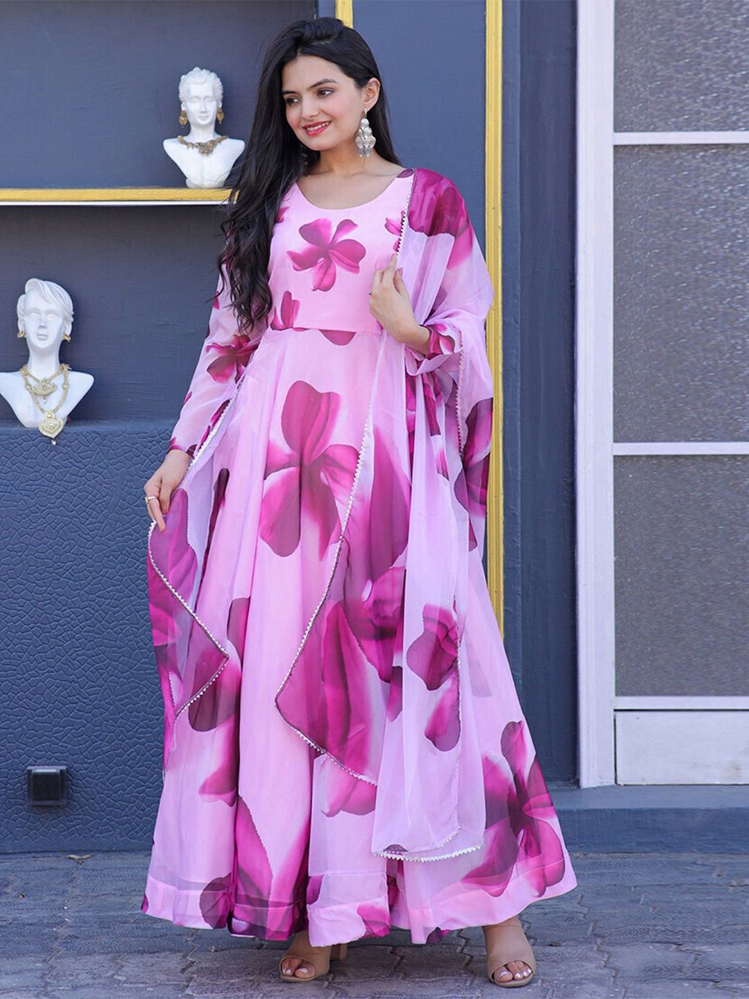 

Femvy Floral Printed Maxi Dress With Dupatta, Pink