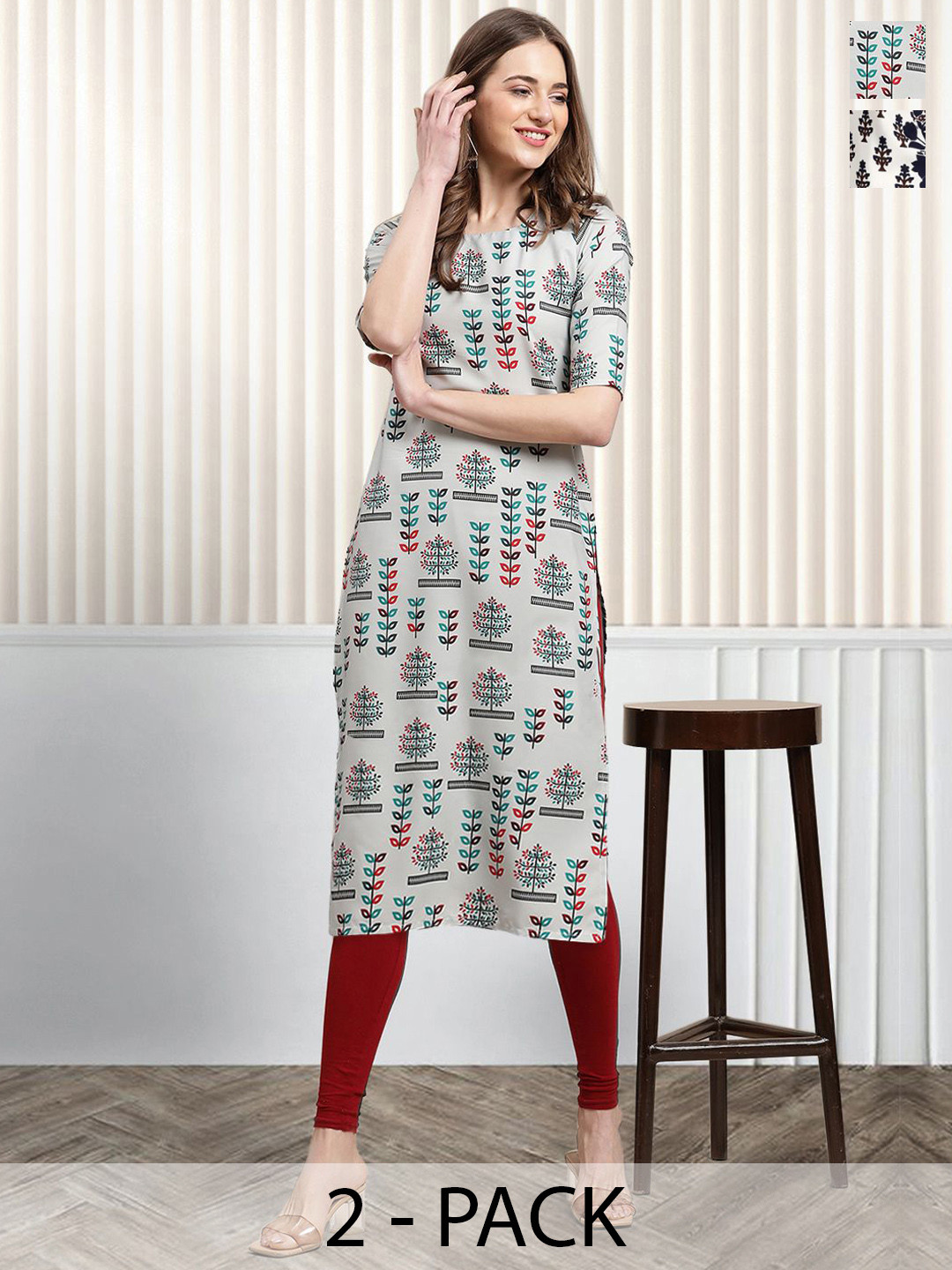 

Moda Rapido Pack of 2 Printed Round Neck Straight Kurtas, Grey