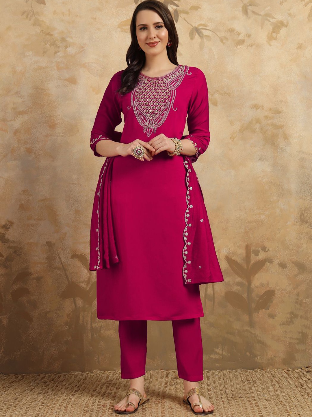 

Moda Rapido Ethnic Motifs Zari Embroidered Cotton Silk Kurta With Trouser And Dupatta, Pink