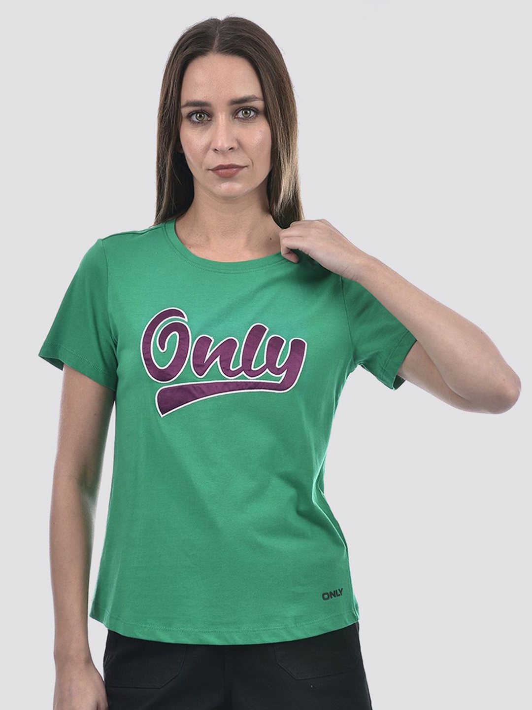

ONLY Women Typography Printed Round Neck Cotton T-shirt, Green