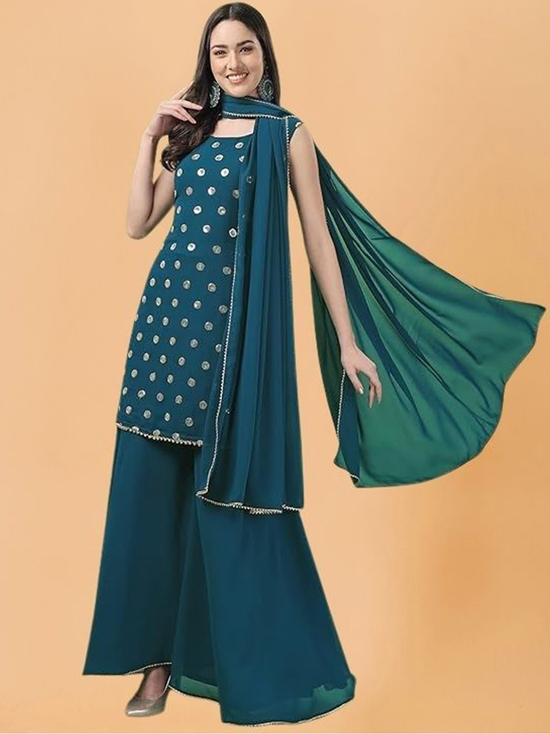 

PARROT CREATION Women Embroidered Regular Sequinned Kurti with Sharara & With Dupatta, Turquoise blue